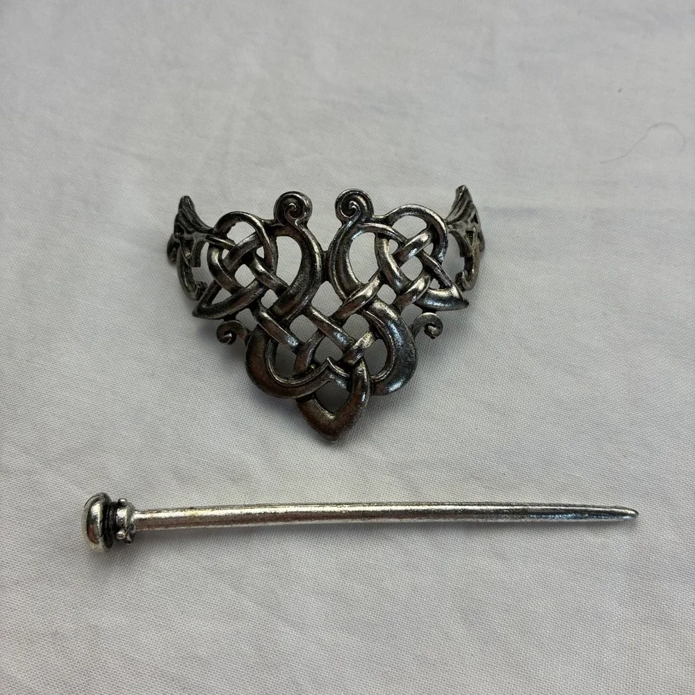 Vintage Viking Celtic Knot Hair Slide Stick Silver Tone Metal Folk Whimsigoth